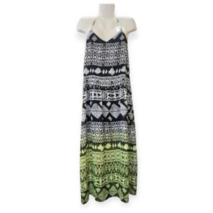 Mossimo Women's Black, White, & Neon Green Ikat Maxi Beach Dress Lined | Size S